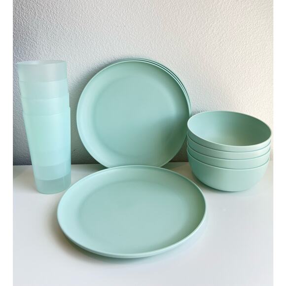 NEW 12pcs Room Essentials Plastic Dinner Plates Cereal Bowls cups Set Sea Moss - Picture 2 of 7